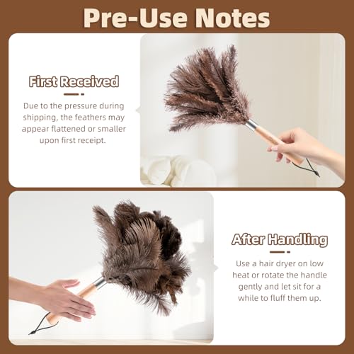 2 Pack Ostrich Feather Dusters with Wooden Handle, 13.5 inch Natural Fluffy Feather Dusters for Dusting Home, Car, Delicate Surfaces, Reusable Soft Cleaning Tools for Ledges, Blinds - color: 13.5in-brown
