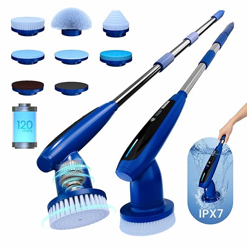 2026 Upgraded Electric Spin Scrubber: 120 Min Runtime, IPX7 Waterproof Cordless Power Scrubber, Adjustable Extension Handle, 8 Heads, 2 Speeds for Shower, Tub, Tile & Floor