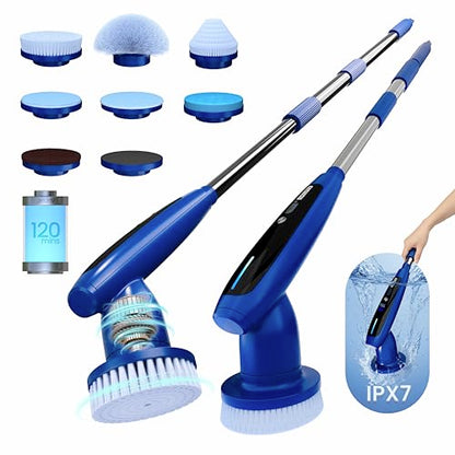 2026 Upgraded Electric Spin Scrubber: 120 Min Runtime, IPX7 Waterproof Cordless Power Scrubber, Adjustable Extension Handle, 8 Heads, 2 Speeds for Shower, Tub, Tile & Floor