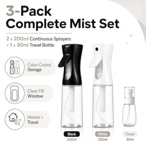 3 Pack Spray Bottles, Continuous Mist Sprayer, Water Spray Bottle for Hair, Hair Mister, 200ml x2 + 30ml Refillable Fine Mist Set - for Styling, Plants, Cleaning & Home Use (Black & White) - color: Black+White