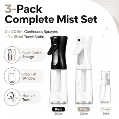 3 Pack Spray Bottles, Continuous Mist Sprayer, Water Spray Bottle for Hair, Hair Mister, 200ml x2 + 30ml Refillable Fine Mist Set - for Styling, Plants, Cleaning & Home Use (Black & White) - color: Black+White