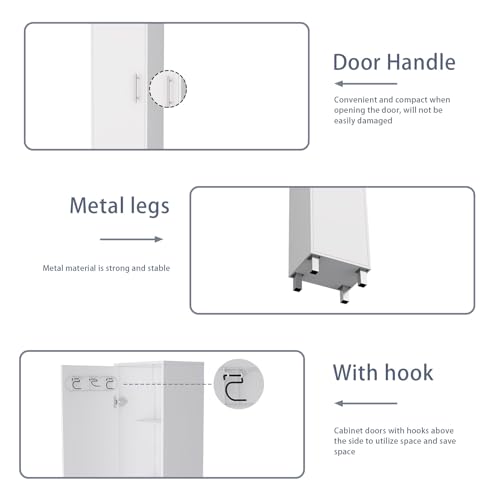 Tall Storage Cabinet with Single Door and 3 Broom Hangers Modern Floor Standing Cabinet for Kitchen Bathroom Laundry Room 70.87" Height White