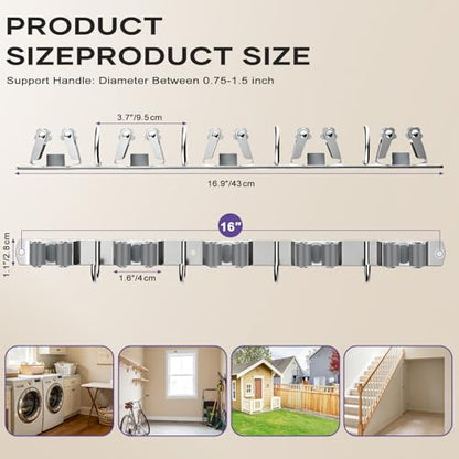 Broom Mop Holder Wall Mount, Heavy Duty Stainless Steel Mop Organizer with 5 Clamps and 4 Hooks, Wall Mounted Cleaning Tool Storage Rack for Home, Garage, Laundry Room and Garden