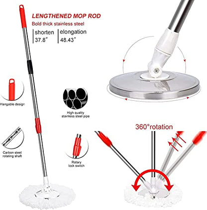 Mop and Bucket Set, 360° Spin Mop and Bucket with Wringer Set and 6 Microfiber Mop Refills, Stainless Steel 61" Extended Handle Spinning Mop Bucket System for Floor Cleaning (2 Sets) - color: Black*2