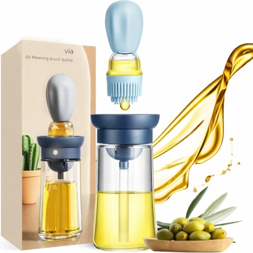 2-in-1 Oil Dispenser Glass Bottle with Silicone Brush, Squeeze Pourer for Cooking, Baking, Grilling, BBQ (Sky) - color: Sky