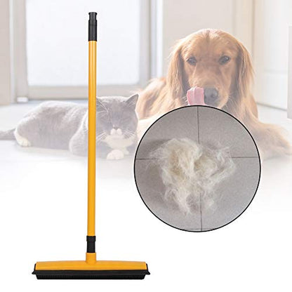 Pet Hair Sweeper, Rubber Broom Pet Hair Lint Removal Device with Telescopic Bristles Sweep Cleaner 27 to 47 Inches Adjustable Length Rubber Bristles TPE Scraper for Carpet Tile Hardwood Linoleum - color: Yellow