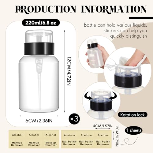 Layhit 3 Pack 6.8 oz (200ml) Push Down Lockable Pump Dispenser Bottle with Stickers, Alcohol Push Down Empty Refillable Container for Nail Polish Remover, Alcohol & Makeup Remover (Black Top Cap) - color: Black Top Cap