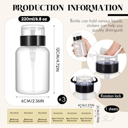 Layhit 3 Pack 6.8 oz (200ml) Push Down Lockable Pump Dispenser Bottle with Stickers, Alcohol Push Down Empty Refillable Container for Nail Polish Remover, Alcohol & Makeup Remover (Black Top Cap) - color: Black Top Cap
