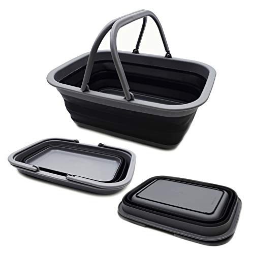 SAMMART SAMMART 9.2L (2.37Gallon) Collapsible Tub with Handle - Portable Outdoor Picnic Basket/Crater - Foldable Shopping Bag - Space Saving Storage Container (1, Grey/Black) - color: Grey/Black