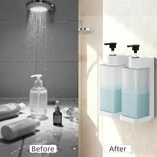 Shampoo and Conditioner Dispenser, Shower Soap Dispenser Wall Mounted 10fl oz/300ml *2 Chamber Shampoo Bottles Refillable with Black Pump for Bathroom Hotel, White - color: White 2 Chamber