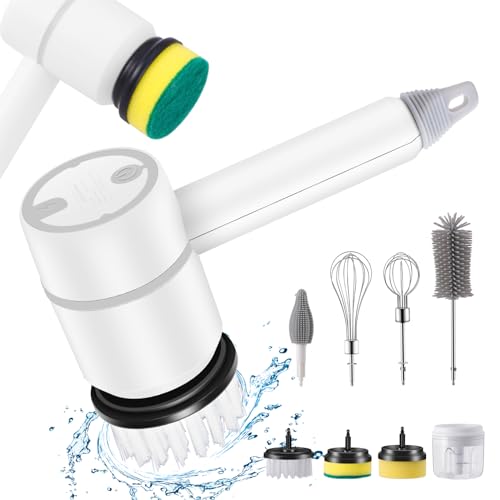 Electric Spin Scrubber,Cordless Power Cleaning Brush,Rechargeable Power Scrubber with 8 Replacement Heads,3 Adjustable Speeds,Kitchen Assistant,Handheld Scrubber for Sink Bowls Plates Bottle,White
