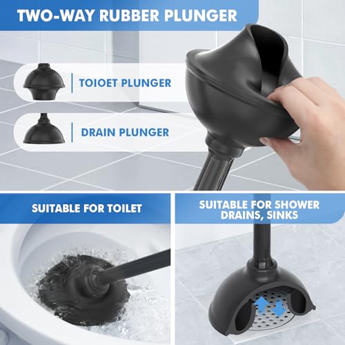 LOVLOY Toilet Plunger and Brush, Bowl Brush and Heavy Duty Toilet Plunger Set with Ventilated Holder, 2-in-1 Toilet Brush and Plunger Combo for Bathroom Cleaning (2, Black) - color: Black