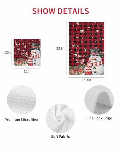 Buffalo Christmas Dish Towels Set, Waffle Weave Kitchen Towels 4 Pieces, Red Snowman Snowflake Microfiber Hair Face Bath Tea Towel Absorbent Quick Drying Cleaning Dish Cloths, 12"x12" - color: Red Black, size: 4PCS,12"x12"
