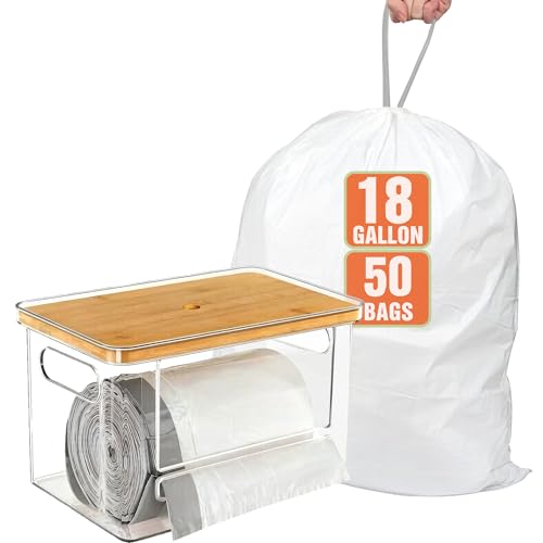 18 Gallon Trash Bags 50 Count with Clear Trash Bag Dispenser | 1.2 Mil THICK with Reinforced Drawstring Garbage Liners Fit 18 Gallon Compatible with Kitchenaid, Whirpool, GE 15 Inch Compactors Black - color: 18 Gallon 50 Count & Dispenser