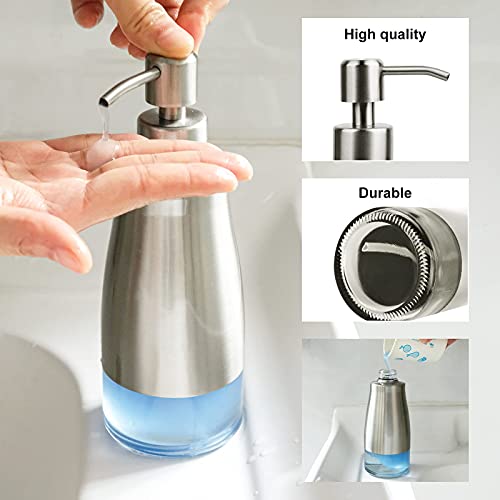 AUMIO Dish Soap Dispenser with Stickers, Kitchen Soap Dispensers Brushed Nickel Stainless Steel and Glass Combined, Refillable Liquid Hand Soap Dispenser for Bathroom & Kitchen (11OZ / 320ML) - color: Silver