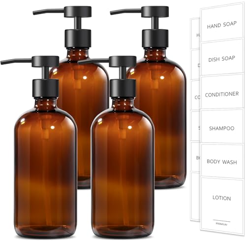 GMISUN Amber Glass Soap Dispenser, 4 Pack Bathroom Hand Soap Dispensers with Stainless Steel Flat Pump, 17 Fl Oz Kitchen Dish Soap Dispenser, Modern Vintage Liquid Brown Soap Dispensers Bottle Set - color: Amber Bottle + Black Flat Pump, size: 4 Pack