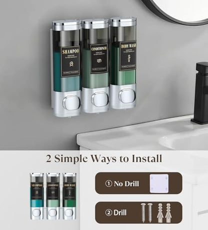 Luxspire Shampoo and Conditioner Dispenser, No Drill Wall Mounted Shower Soap Dispenser 3 Chamber with Waterproof Labels, Easy Refill Soap Dispenser for Bathroom Hotel Kitchen, Silver - color: Silver, size: 3 Chamber