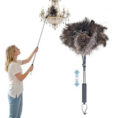 Feather Duster Extendable 22–47 Inch, Natural Ostrich Feather Duster with Long Handle for High Ceilings, Ceiling Fans, Walls，Furniture(Brown) - color: Brown