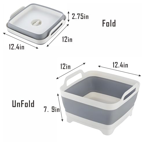 Collapsible Dish Basin with Drain Plug, 9L 2.4 Gallon Portable Wash Basin Dishpan Space Saving Dish Washing Tub Foldable Sink Tub Kitchen Storage Tray Grey