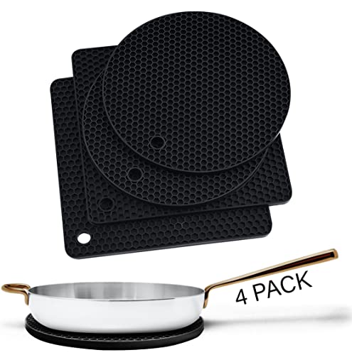 Silicone Trivets for Hot Dishes, Pots, Pans (4 Pack) - Heat-Resistant Pot Holders for Kitchen Countertop Mats - Silicone Trivet Mat - Multipurpose Counter Pads (Black) - color: 2 Pcs Round 7 Inch + 2 Pcs Square 7.3 Inch - Black