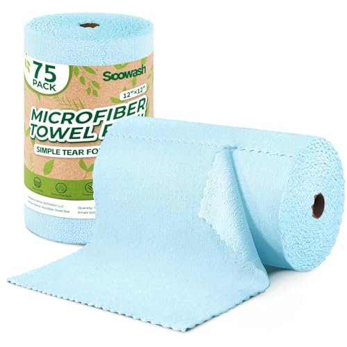 Microfiber Cleaning Cloths Roll, 75 Pack Tear Away Microfiber Towels Roll, 12" x 12" Lint Free Rags, Reusable Cleaning Cloths, Washable, Scratch Free,Ultra Absorbent Dish Rags(Blue) - color: Blue, size: 75 pack