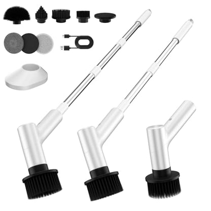 Electric Spin Scrubber, Cordless Shower Scrubber with 7 Replacement Brush Heads, IPX5 Waterproof Bathroom Scrubber with Adjustable Handle, 2 Speed Power Cleaning Brush for Cleaning