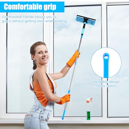 Squeegee for Window Cleaning Scrubber and Rotating Head Squeegee Window Cleaner Tool Window Washing Kit with Long Handle Window Cleaning Kit for Shower Glass Mirror Car (Blue)