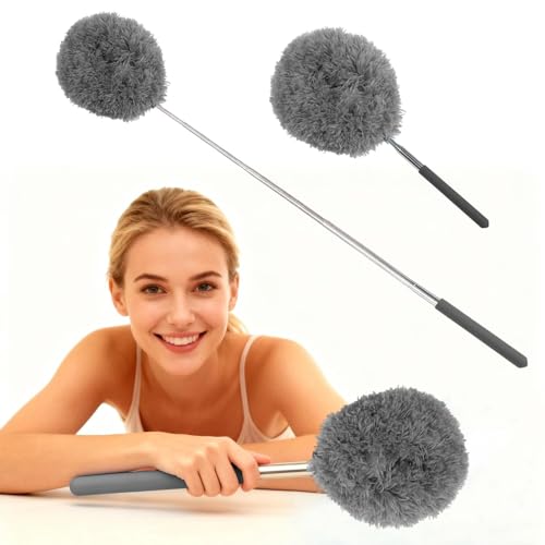 Extendable Microfiber Duster, Telescoping Dusting Brush for Home and Car Cleaning, Adjustable Length, Soft and Flexible - color: Round Grey