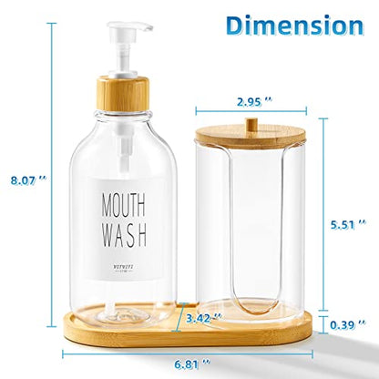 VITVITI Mouthwash Dispenser for Bathroom, Mouth Wash Pump Bottle with Paper Cup Holder, 17Oz Refillable Clear Mouthwash Container with Bamboo Lid/Tray/Label - color: Clear
