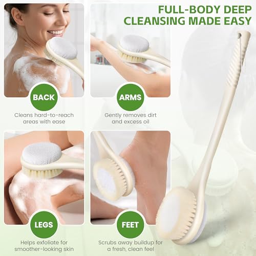 Back Scrubber for Shower with Long Handle, Dual-Sided Bath Brush with Soft Bristles & 150D Exfoliating Cloth, Anti-Slip Grip, Lightweight Back Washer for Shower, Men & Women (Light Yellow) - color: Light Yellow