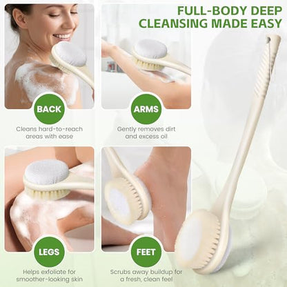 Back Scrubber for Shower with Long Handle, Dual-Sided Bath Brush with Soft Bristles & 150D Exfoliating Cloth, Anti-Slip Grip, Lightweight Back Washer for Shower, Men & Women (Light Yellow) - color: Light Yellow