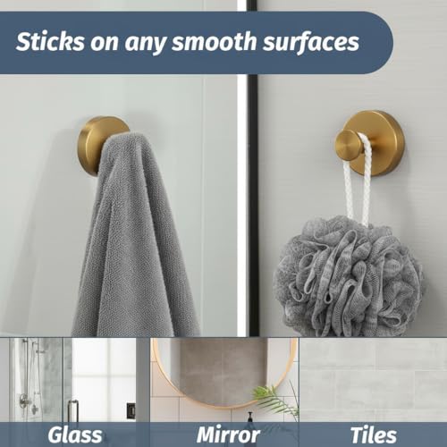 Rise age Suction Cup Gold Shower Hooks, Suction Towel Hooks for Bathrooms | Waterproof, No Drill, Heavy Duty, Stainless Steel, Removable, Renter Friendly, Easy to Install, Gold 4 Pcs - color: Gold