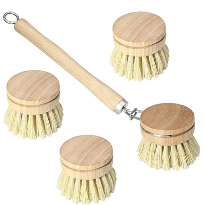 Wooden Dish Brush Set, 4 Natural Bristle Replacement Heads with 1 Sturdy Wooden Handle, Sisal Kitchen Scrub Brush for Pots, Pans, Vegetables and Cookware - size: Medium Hard