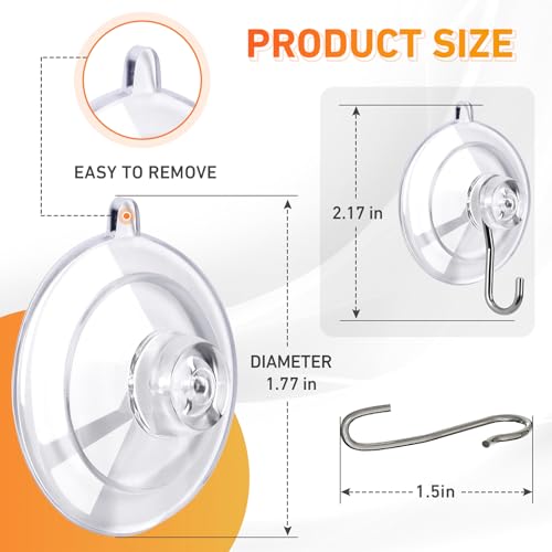 KORCCI Suction Cup Hooks 12Pack - Max Load 10LB, 1.77Inch Clear Medium Suction Cups, No Trace, Reusable & Removable, Stainless Steel Hooks, for Tile, Glass, Window, Shower, Kitchen, Bathroom - size: 12pc-Medium Size