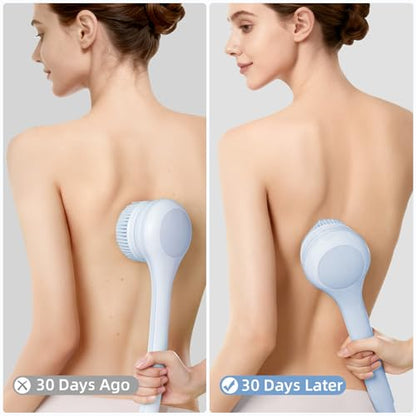 Electric Body Brush Back Scrubber for Shower, Waterproof Long Dual Handle Power Body Scrubber with 3 Heads, Bath Brush & 2 Speeds, for Cleansing, Exfoliating and Massaging Skin, Sky Blue