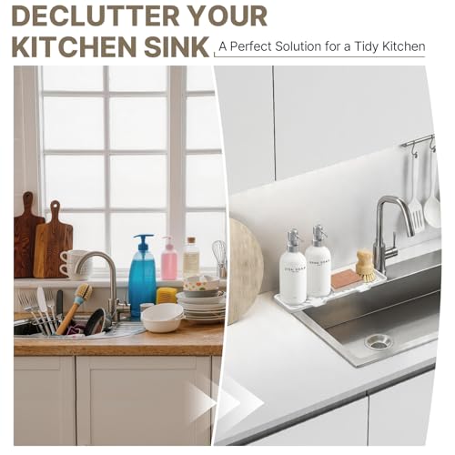 Kitchen Soap Dispenser Set - Dish Soap Dispenser for Kitchen with Self Drain Tray, 17oz Glass Bottle, Stainless Steel Pump, Sponge, and Dish Brush - Silver - color: White Bottle + Silver Pump