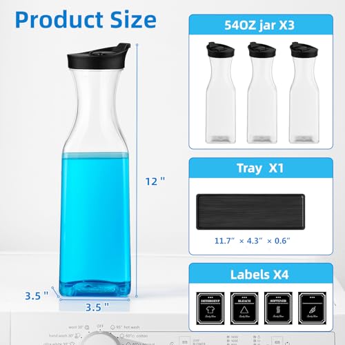 Laundry Detergent Dispenser,54OZ Laundry Soap Dispenser,Liquid Laundry Detergent Container,Fabric Softener Dispenser with Black Wood Tray,Laundry Room Organizer with 4 Labels - color: Black With Black Tray