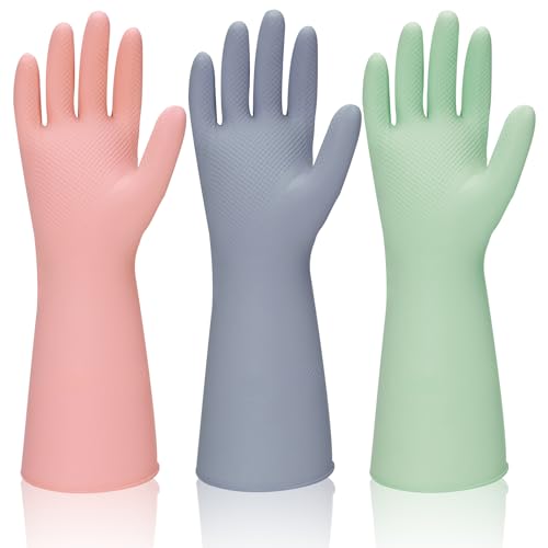 Rubber Kitchen Dishwashing Gloves - 3 Pairs Reusable Household Cleaning Gloves, Flexible and Durable & Non-slip Cleaning Gloves, Great for Kitchen, Bathroom, Laundry (Medium, Pink+Blue+Grey) - color: Pink+green+grey, size: Medium