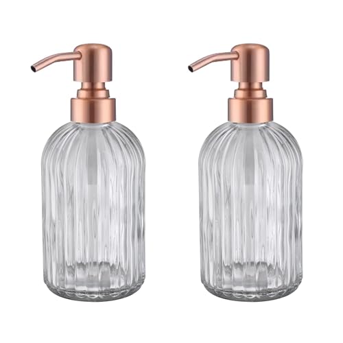 Copper Glass Bathroom Soap Dispenser with Metal Pump,Vintage Dish Soap Dispenser for Kitchen, Used for Lotionor Home,Bathroom,Countertop, Hotel,2 Packs - color: Copper+clear, size: 2-Pack