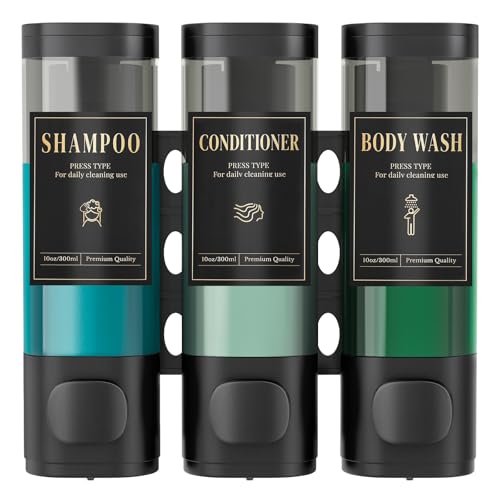 Luxspire Shampoo and Conditioner Dispenser, No Drill Wall Mounted Shower Soap Dispenser 3 Chamber with Waterproof Labels, Easy Refill Soap Dispenser for Bathroom Hotel Kitchen, Black - color: Black, size: 3 Chamber