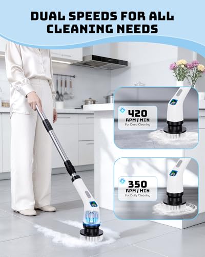 Electric Spin Scrubber for Bathroom | Shower Cleaner Brush with Long Handle | Dual Speed Cordless Power Scrubber with 7 Brushes Heads | IPX7 Waterproof Scrub Brush for Bath Tub Tile Grout Glass Tool