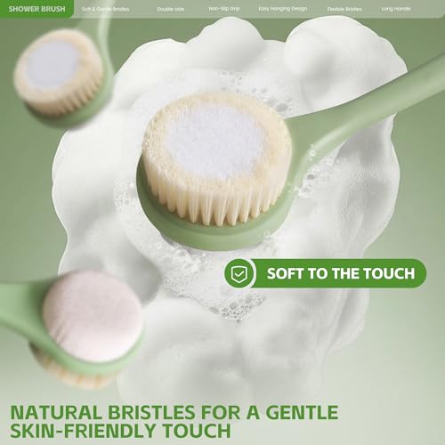 Back Scrubber for Shower with Long Handle, Dual-Sided Bath Brush with Soft Bristles & 150D Exfoliating Cloth, Anti-Slip Grip, Lightweight Back Washer for Shower, Men & Women (Green) - color: Greena