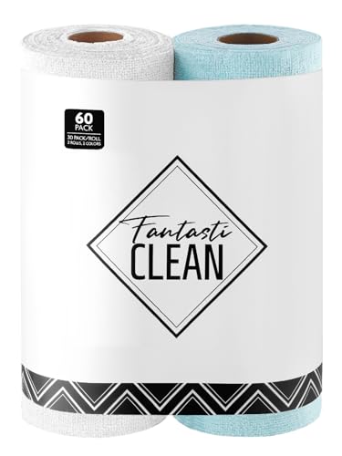 Fantasticlean Microfiber Cleaning Cloth Roll -60 Pack, Tear Away Microfiber Towels, 12" x 12", Reusable, Washable, Scratch Free, Ultra Absorbent Dishcloth for All-Around Cleaning (White & Blue) - color: White and Blue, size: 60 pack