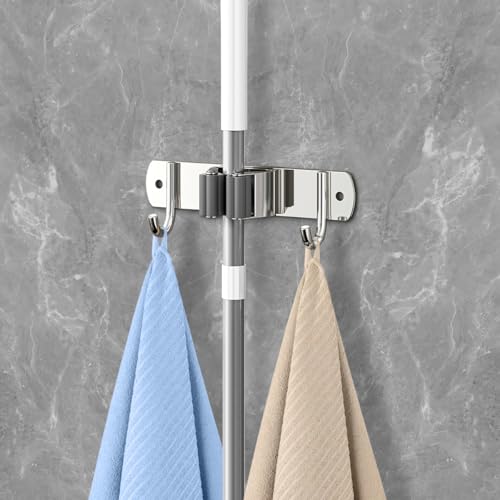 Stain Steel Adhesive Hooks, 1 Racks with 2 Hook Broom Holder, Wall Mount Mop and Broom Hanger, Wall Mounted, Garage Storage Rack, Kitchen Garden Tool Organizer (Silver) - color: Silver, size: 1 Clip and 2 Hooks