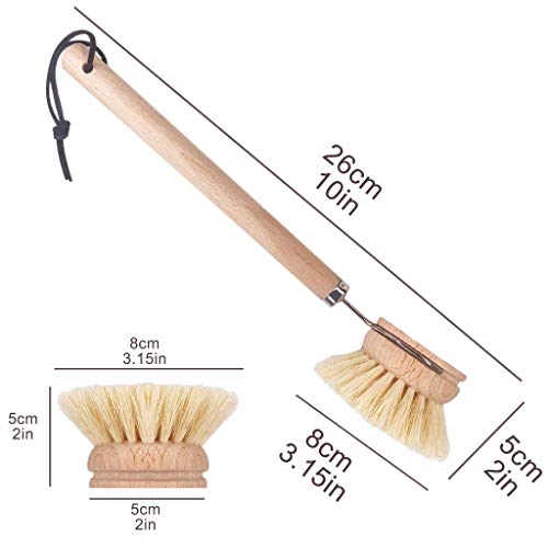 AMERWASH PLUS Dish Brush with Wooden Handle, Natural Kitchen Brush for Dishes Vegetable, Pots and Pans, Tampico Fiber Bristles Scrubber, Extra 3 Pack Replacement Head Included - size: 4 Piece Brush Set with Replacement Heads