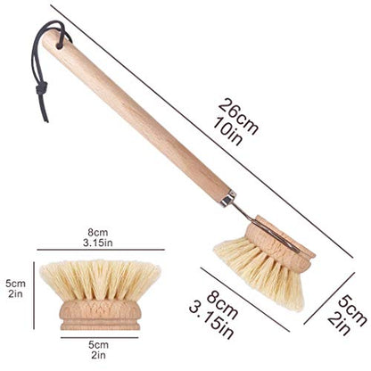 AMERWASH PLUS Dish Brush with Wooden Handle, Natural Kitchen Brush for Dishes Vegetable, Pots and Pans, Tampico Fiber Bristles Scrubber, Extra 3 Pack Replacement Head Included - size: 4 Piece Brush Set with Replacement Heads