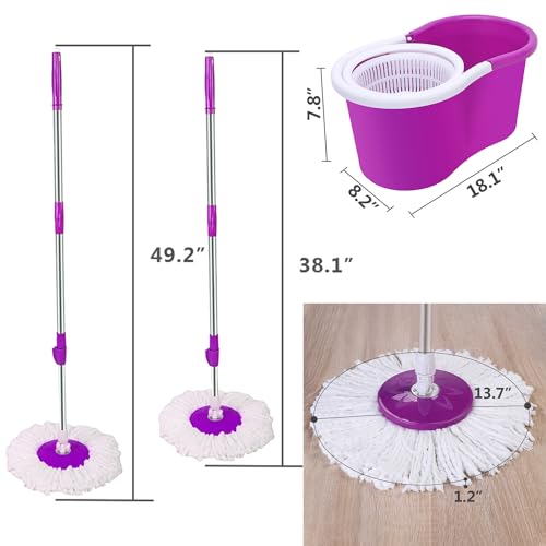 Mopping, 360° Microfiber Spin Mop with Bucket and Dual Mop Heads Self Wringing Spinning Mop Telescoping Handle Easy Floor Mop Floor Cleaning System for Home Kitchen Office Purple (US Stock)