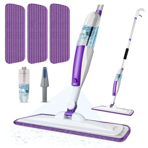 Microfiber Hardwood Floor Spray Mop with 3 Pads & Refillable Bottle | 400+ML refillable bottle, 360° swivel head, wet mopping & dry sweeping for hardwood, tile, laminate and sealed wood floors. - color: Purple