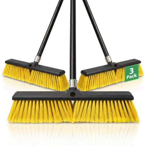 3 Pack 24" Push Broom Outdoor, Heavy Duty Broom with 62" Long Handle, Stiff Bristle Garage Broom for Patio Deck Driveway Concrete Floor Shop Warehouse Cleaning - color: Yellow 3 Pack, size: 24Inch