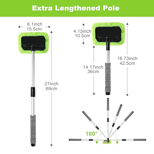 XINDELL Windshield Cleaner Tool – Car Window Cleaning Tool 27inch Extendable Long Handle for Easy Cleaning, 9pcs Reusable Microfiber Pads, Streak-Free Interior & Exterior Auto Glass Cleaner (Green) - size: 27in